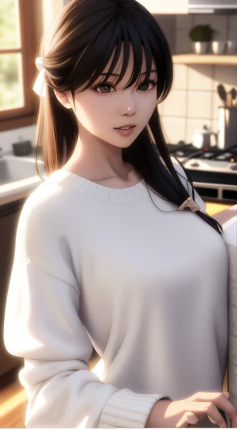 Arapei asian woman poses in white sweater in kitchen, Realistic anime 3 D style, seductive anime girls, attractive anime girls, Smooth anime CG art, beautiful alluring anime teen, smooth white tight clothes suit, photorealistic anime girl rendering, trendi...