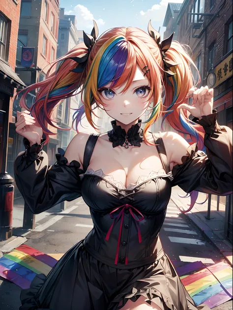 (masutepiece:1.3), (8K, Photorealistic, Raw photo, Best Quality: 1.4), Beautiful face, (Realistic face), Beautiful detailed eyes, (Realistic skin), Attractive, Intricate details,Golden ratio,  1 girl,Naughty smile, (rainbow hair:1.4),(Twin-tailed:1.3),Goth...