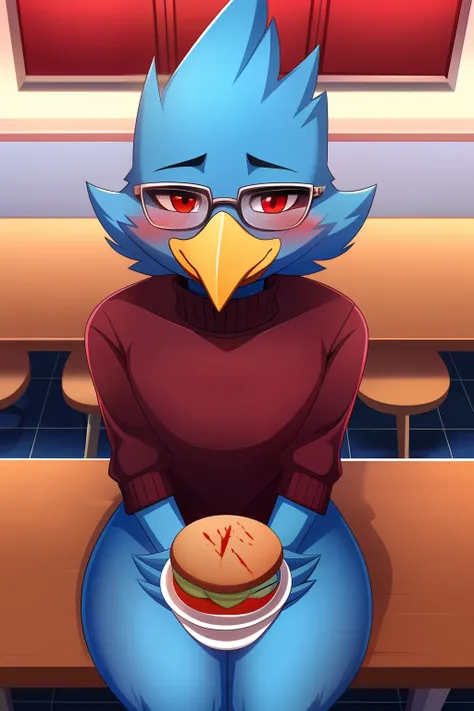 ((Berdly from Deltarune)), (avian, bird), 1boy, male, adorasexy, cute snug smiling bird face, looking at you, looking at viewer, blush, hands up, one side up, shaded face, solo, sweatdrop, lower body, thick thighs, blushing, glasses, blue body, blue feathe...