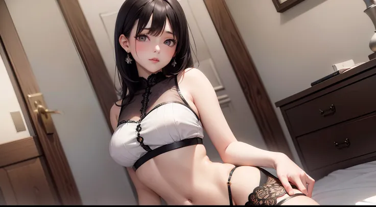 one-girl，style of anime，Lace top，lace panty，Open navel，Tightens waistline，exquisite face，Short flowing black hair，Delicate earrings，White and delicate skin，tmasterpiece，looks into camera