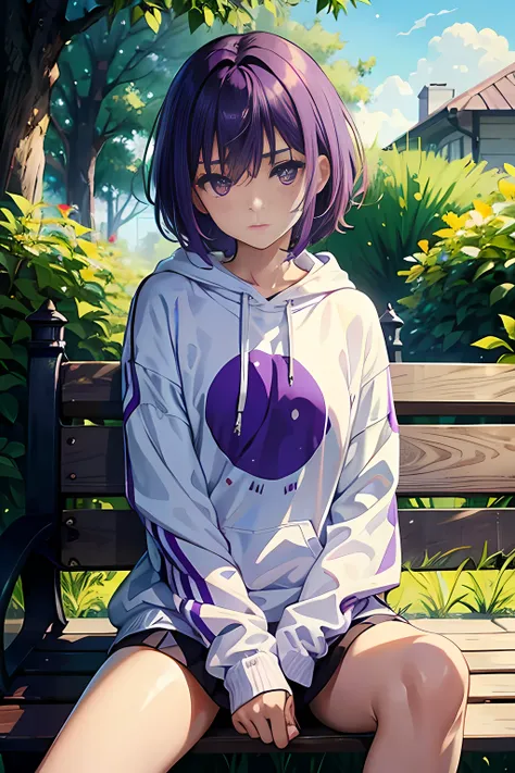 A teenage girl，Short thin purple hair，With a white sweatshirt，Purple eye，Closed expression，sitting on a bench