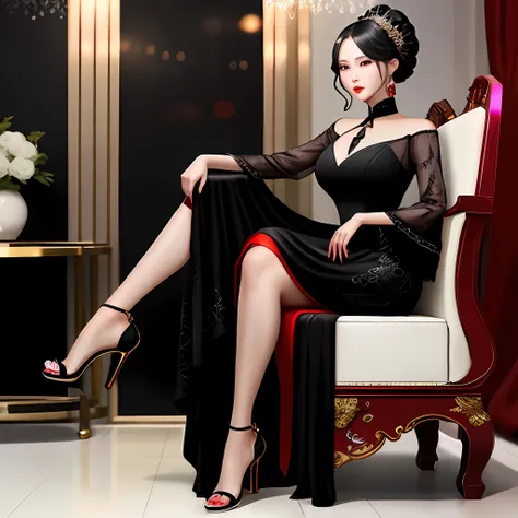 Black silk royal sister style，Sexy and elegant，Glamorous charm，Delicate lines，Gorgeous gesture，Premium heels，Red lip makeup。