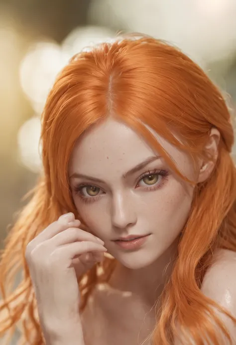 nami from one piece spreading his legs,  filled with creampie, detailed orange hair texture, detailed facial texture, detailed , hyper realistic skin, 4k resolution, detailed orange pupil, shiny look, natural lighting from the room.