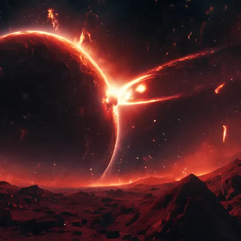 ((Best quality)), ((Masterpiece)), (dramatic scene), The Earth and the Sun collapse into black holes like the Sun, (Latter-day lighting:1.3), The sun darkens when ejected, (Epic composition:1.2), Earth bathed in red light, (CG animation:1.1), Flames and de...