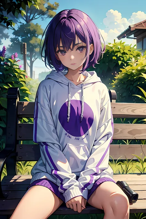 A teenage girl，Short thin purple hair，Wear it with a plain white sweatshirt，Purple eye，Closed expression，sitting on a bench