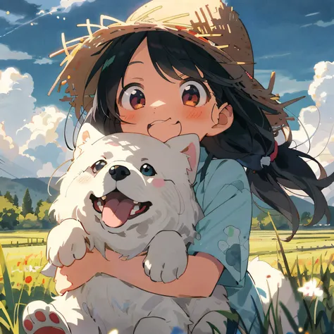 Anime girl in a hat holding a white dog in a field, Cute anime, anime visual of a cute girl, Anime Pictures, Guviz, cute detailed artwork, Guviz-style artwork, anime backgrounds, anime illustration, style of anime4 K, Cute anime girl, Anime art, anime wall...