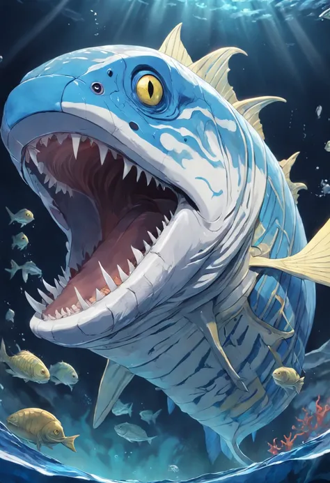 There is a fish painted with blue and white stripes, highly detailed backmouth, Silver gills are skillful, Anglerfish, detailed hot maw, murloc tinyfin, great leviathan turtle, Epic 3D Oxosi, skinny grunt face, scary fish, ethereal eel, ancient fish, Megal...