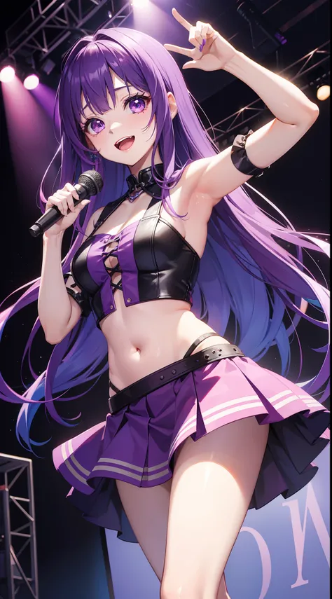 young girl, long bright purple hair, Cyan eyes, ssmile, opened mouth, pop-idol, Red Top, purple skirt, open belly, stage, Masterpiece, hiquality