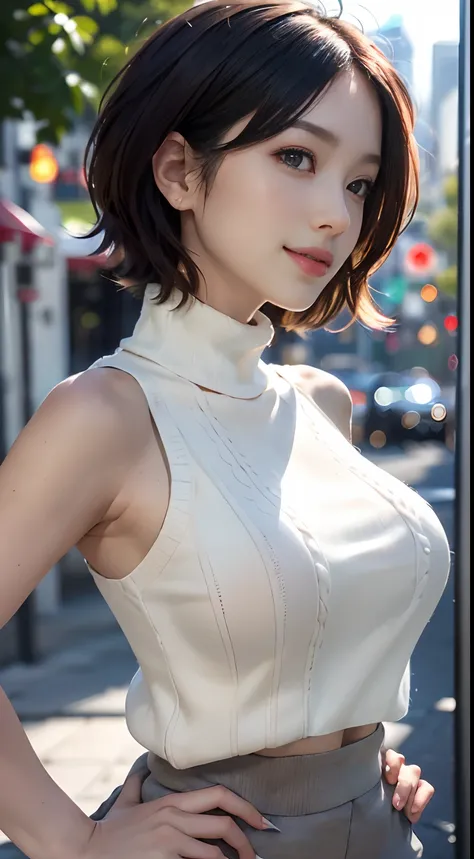 (8K, 超A high resolution, Best quality, masutepiece:1.2)、RAW portrait of japanese girl、超A high resolution、top-quality、 (huge-breasted,:1.6)、｛Hide all breasts:1.2｝｛Off-white shorts:1.5｝、(Wear a white sleeveless turtleneck sweater:1.5)、(hand to hip:1.6)、(In t...