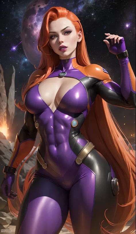 (Masterpiece, 4k resolution, ultra-realistic, very detailed), Super heroine, long orange hair, purple leather suit, muscular body, full purple lips, purple lipstick, large breasts, starfire, cum between breasts, in space