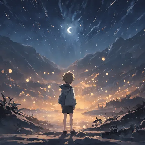 deep in the night，A boy makes a wish to the stars，Accompanied by animals，The bright moonlight shines on the mountains，An endless sense of nothingness is presented，The moonlight in the sky is also slowly fading