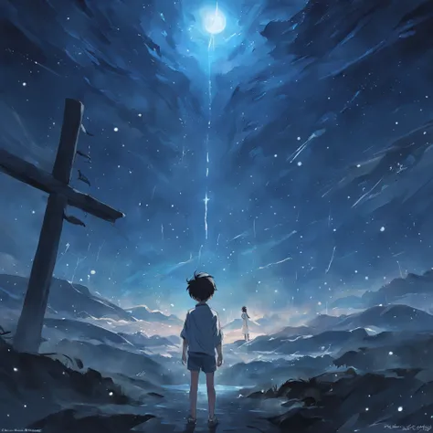 deep in the night，A boy makes a wish to the stars，Accompanied by animals，The bright moonlight shines on the mountains，An endless sense of nothingness is presented，The moonlight in the sky is also slowly fading