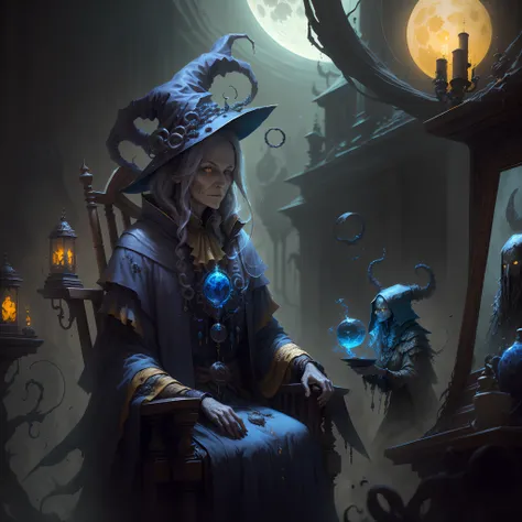 (masutepiece, Best quality : 1.2), shaman, magic, Highly detailed, fractals, Dark, Moon, The blue soul floats upwards, mirrors, Air deformation, highly detailed back ground, Portrait, Blue dust,onyconi)An old witch sits in a Kadilau chair in the background...