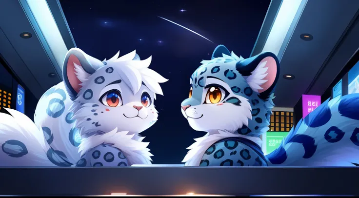 Furry Fur，Furry snow leopard，Lovely image，snow leopard，Cute furry，Prepare for boarding，Terminal, Long, Fluffy tail，At the city high airport，full of lights，Cubs，is in night，nigh sky, 夏天，stars，Close-up of cute characters