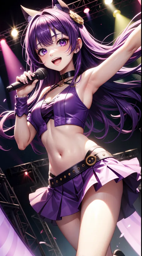 young girl, long bright purple hair, Cyan eyes, ssmile, opened mouth, pop-idol, Red Top, purple skirt, open belly, stage, Masterpiece, hiquality