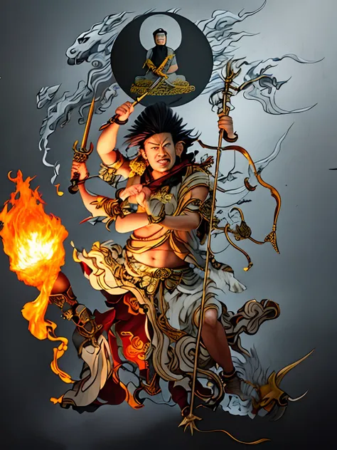 Angry King Ming，Be strong and brave，Canine teeth exposed，Hair stands on end，Eight arms，He had a trident in his hand, Respectively，The sword，pestle，the bow，arrow，hand seal，One person per foot，The silhouette of the body is on fire，Hot，Light, an ultrafine det...