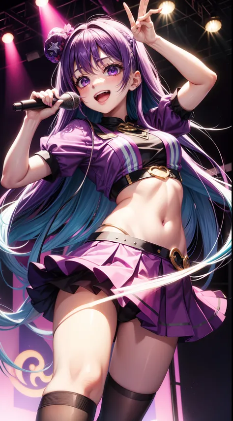 young girl, long bright purple hair, Cyan eyes, ssmile, opened mouth, pop-idol, Red Top, purple skirt, open belly, stage, Masterpiece, hiquality