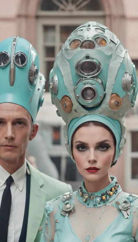 8k portrait of a 1960s science fiction film by Wes Anderson, Vogue anos 1960, pastels colors, There are people wearing weird futuristic masks and wearing extravagant retro fashion outfits and men and women wearing alien makeup and old ornaments with mechan...