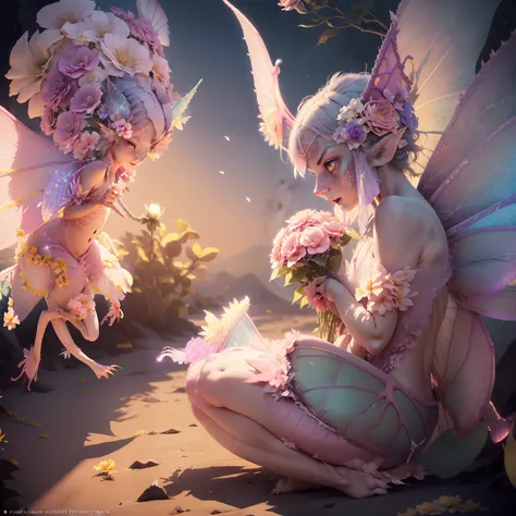 (Pink Dragon:1.2),Gray reptilian face, Exhale a pale flame from the mouth,(Wearing flower fairy wings:1.8) sharp toenails,fullmoon,intergalactic