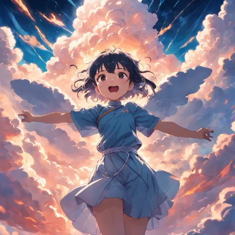 masterpiece, best quality, movie still, 1girl, cloud girl, floating in the sky, close-up, bright, happy, warm soft lighting, sunset, (sparks:0.7)