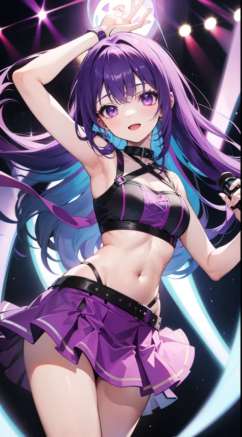 young girl, long bright purple hair, Cyan eyes, ssmile, opened mouth, pop-idol, Red Top, purple skirt, open belly, stage, Masterpiece, hiquality