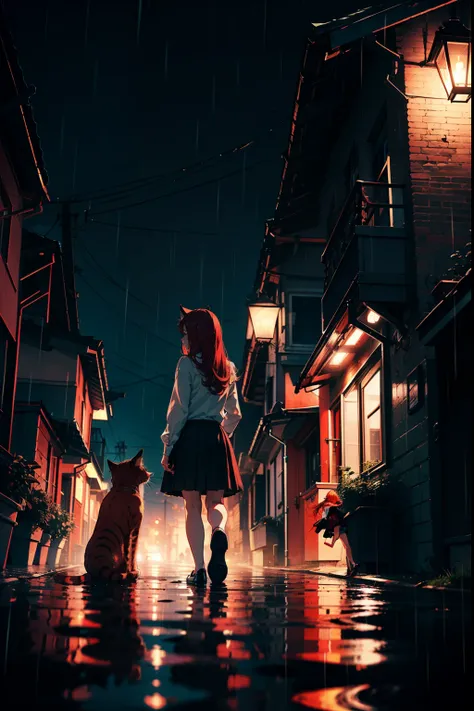 1girl ,The shirt,Blouse,skirt,red hair,long hair,Red Cat ears,rain,night,View from below