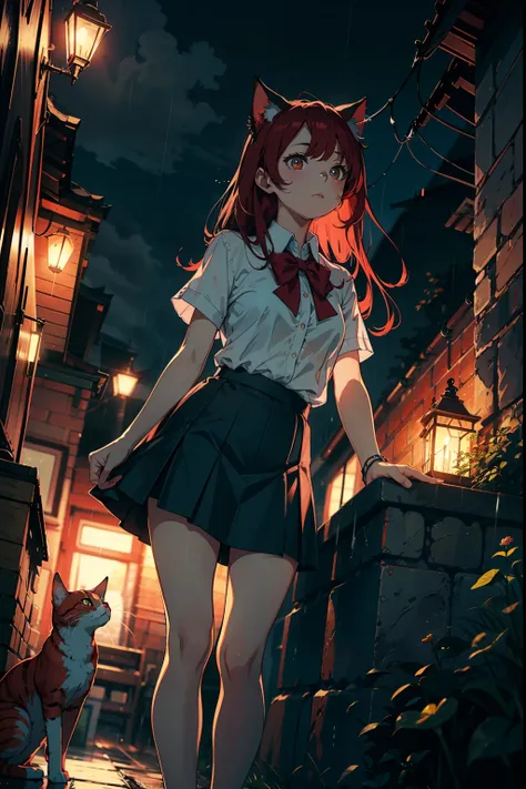 1girl ,The shirt,Blouse,skirt,red hair,long hair,Red Cat ears,rain,night,View from below