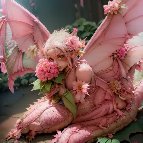 (Pink Dragon:1.8) ,Gray reptilian face, Spit out red flame from the mouth,(Wearing flower fairy wings:1.8) sharp toenails,fullmoon,intergalactic