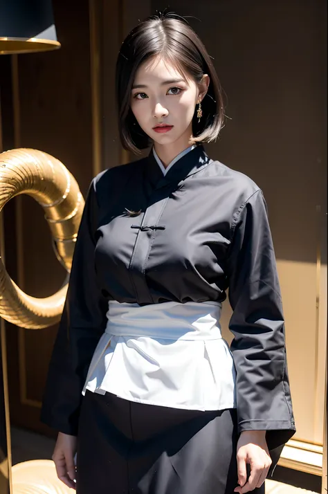 32K（tmasterpiece，k hd，hyper HD，16k）Flowing short hair，Backroom pond，zydink， a color，  Asian people （Female Student）， （Silk scarf）， Combat posture， looking at viewert， long whitr hair， Floating hair， Hanfu， Chinese clothes， longer sleeves， （abstract ink spl...