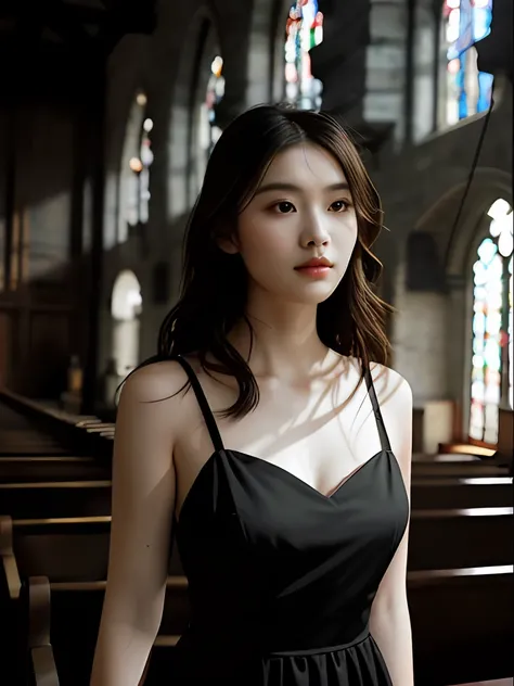 film grain style，8K ultra-high resolution，hdr，Beautiful woman standing in church wearing black dress，low chest，A plump chest，An unimaginably beautiful face，Super detailed texture，（chies），Sunlight shines in from the top，Top-down view