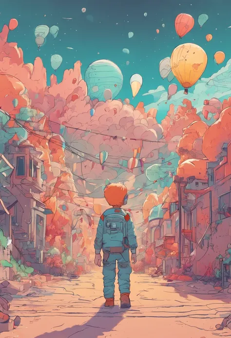 Once upon a time, in a small town, there lived a boy named Hai. Hai loves space and his dream is to become an astronaut., in the style of Studio Ghibli, pastel tetradic colors, white background, 2D art, cute and quirky, fantasy art, watercolor, hand-drawn,...