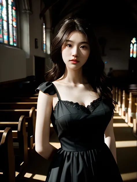 film grain style，8K ultra-high resolution，hdr，Beautiful woman standing in church wearing black dress，low chest，A plump chest，An unimaginably beautiful face，Super detailed texture，（chies），Sunlight shines in from the top，Top-down view