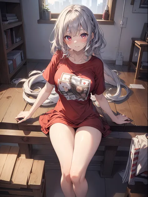 (​masterpiece、top-quality、8K ),intricate detailes、One cute and beautiful girl、Short, Silver Curly Hair、Hanikami laughter、red blush、((Dub Dub T-Shirt:1.3)),(There is no bottom、no-bra:1.3),Moe Sleeve、thighs thighs thighs thighs、inside in room、ultra-detaillie...