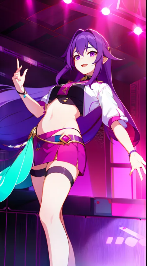 young girl, long bright purple hair, Cyan eyes, ssmile, opened mouth, pop-idol, Red Top, purple skirt, open belly, stage, Masterpiece, hiquality