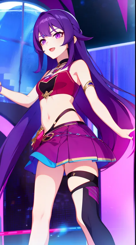 young girl, long bright purple hair, Cyan eyes, ssmile, opened mouth, pop-idol, Red Top, purple skirt, open belly, stage, Masterpiece, hiquality