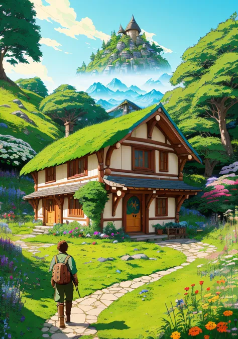 Realistic, real life, beautiful hobbit house on the hill, style of laurie greasley, studio ghibli, akira toriyama, james gilleard, genshin impact, trending pixiv fanbox, acrylic palette knife, 4k, vibrant colors, devinart, trending on artstation