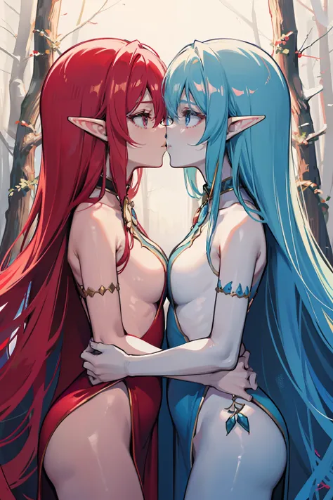 Two female elves，Absolutely beautiful，One blue and one red，Hold each other，The two bodies are close together，Kiss，at a forest