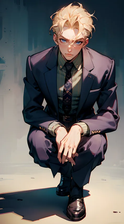 kirayoshikage, kira yoshikage, 1boy, blonde hair, short hair, mature male, cheekbones, purple eyes,
break belt, formal, necktie,...