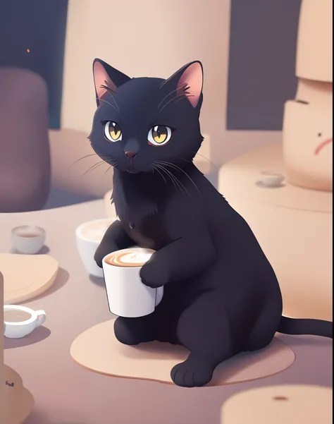 One black cat、独奏、sitting on、（Have a coffee cup）、Zito-order、Cynical look、big eye、animesque、Deformed、Cute 2D Art、digitial painting、Soft lighting、Isometric style、4K resolution、Highly detailed clean、Vector image、A photorealistic masterpiece、professional photog...