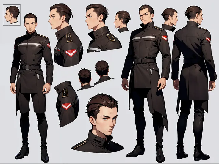 A man, 30 years old, tall, dark brown hair, short hair slicked back, tall boots, futuristic Scandinavian spaceship military attire, multiple angles, (front, back, side), model sheet, reference sheet.