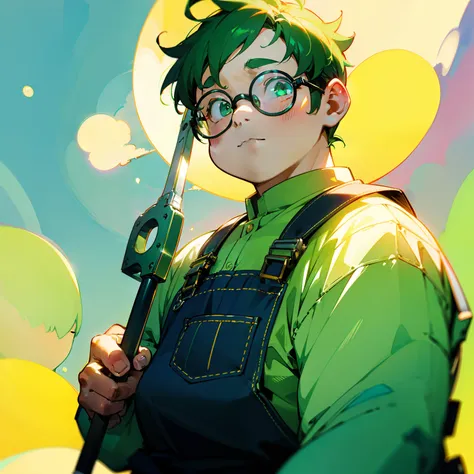 Two-block hairstyle of a little fat green-haired man、wears glasses、Wearing overalls、Holding a spanner in your hand、softfocus、Colorful light gradient、watercolor paiting、lensflare、kirakira、Glow、Dreamy