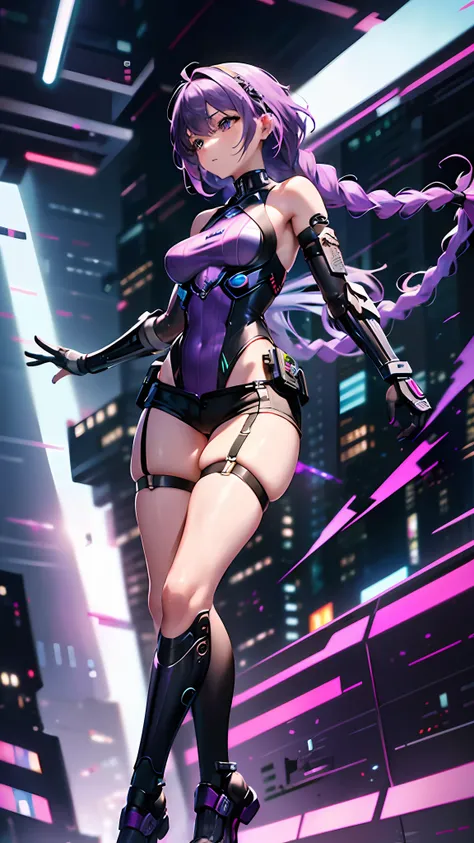 Top quality, Masterpiece, Ultra-detailed, Accurate depiction, Highly detailed 8k wallpaper, beautiful mechanical girl, Solo, (long braid with purple hair), (exoskeleton leotard and short_Shorts: 1.1), mechanical garter belt, (Mechanical joint, mechanical r...