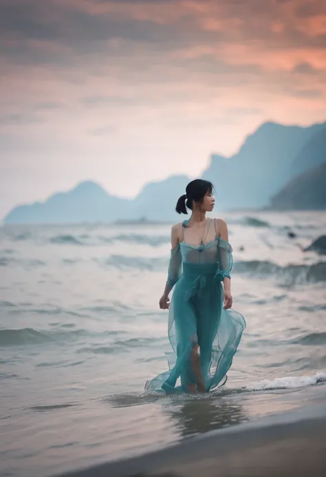 A beautiful Chinese girl standing by the sea in a see-through outfit,light breeze.