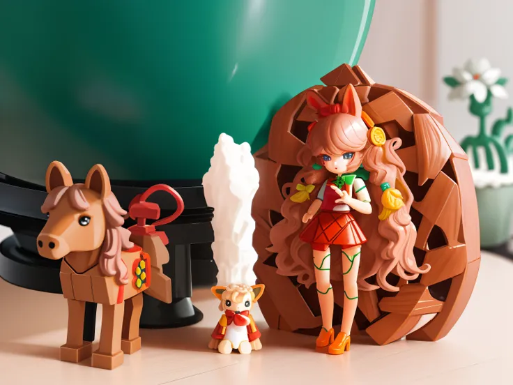 There is a small doll next to the walnut and the toy horse, beastars legoshi, legoshi from beastars, claymation style, claymation character, Plasticine model, soap carving, large brain in a vat, hand carved brown resin, abstract claymation, carved soap, ma...