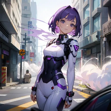 A teenage girl，Short thin purple hair，There is a hint of white in the bangs，army suit，Purple eye，Closed expression，Walk on streets where no one else is，Detailed street in background，There are no other peoples streets，Smoky streets，Run-down streets