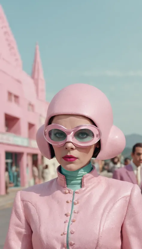 8k portrait of a 1960s science fiction film by Wes Anderson, Vogue anos 1960, pink pastel colors, amarelo, azul, verde, There are people wearing weird futuristic chameleon masks and wearing extravagant retro fashion outfits and men and women wearing alien ...