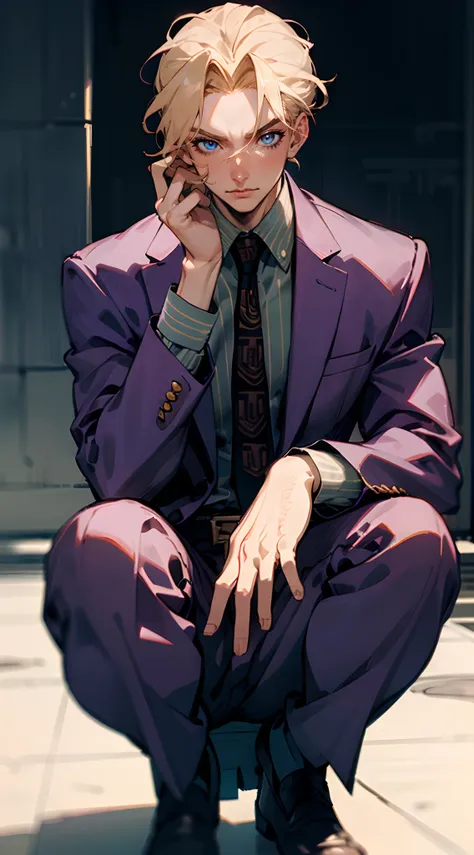 kirayoshikage, kira yoshikage, 1boy, blonde hair, short hair, mature male, cheekbones, purple eyes,
break belt, formal, necktie,...