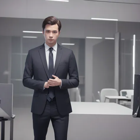 1 office worker 、(stylish interior)、(full body)、(wears a suit)、16k、unreal engine、cinematic、wide shot、sharp focus、realistic shade...