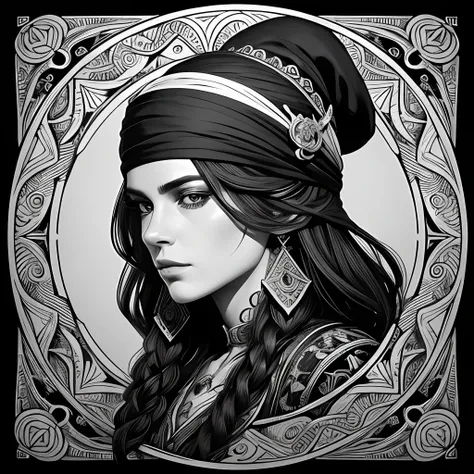 Centred potrait of a female Pirate, black and white, zentangle (best quality) ultra-detailed, fine line drawing, fine line art, coloring book illustration style, intricate linework, highly detailed illustration, perfect composition, beautiful and stunning,...