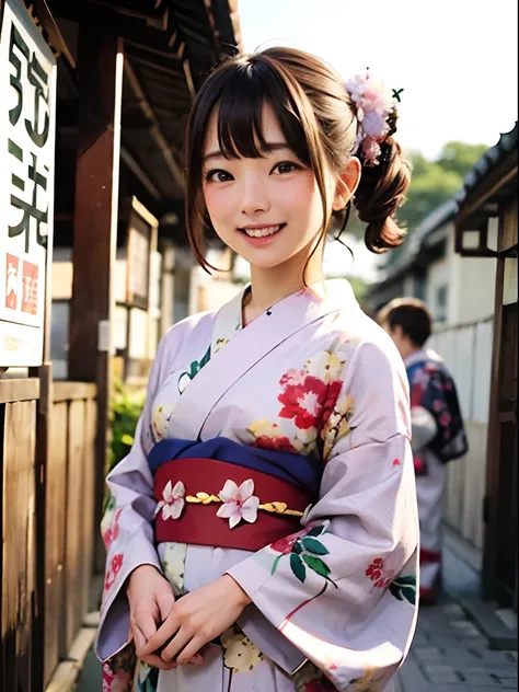 (​masterpiece)Kimono standing on the nostalgic old Japan townscape,A girl in a yukata is laughing,The eyes are big and cute,Small cute lips,Hair looks like a Japan doll